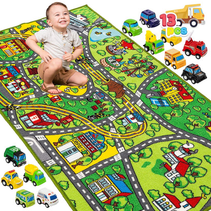 12 Set 3+, JOYIN Carpet Playmat w/ Cars Pull-Back Vehicle for Kids Age Jumbo Play Room Rug, City Pretending Play