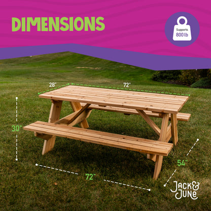 Jack and June Premium Cedar Wood Rectangular Picnic Table Easy Assembly Rounded Corners Comfortable for Kids and Adults