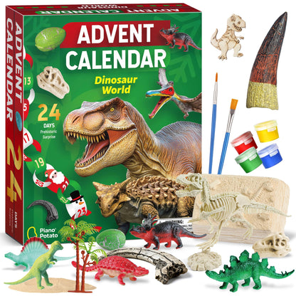 Dinosaur World Advent Calendar for Kids - 24 Days Prehistoric Surprise Christmas Countdown with Dino Figurines, Fossil Dig, Painting, Ideal Xmas Gift for Boys Girls