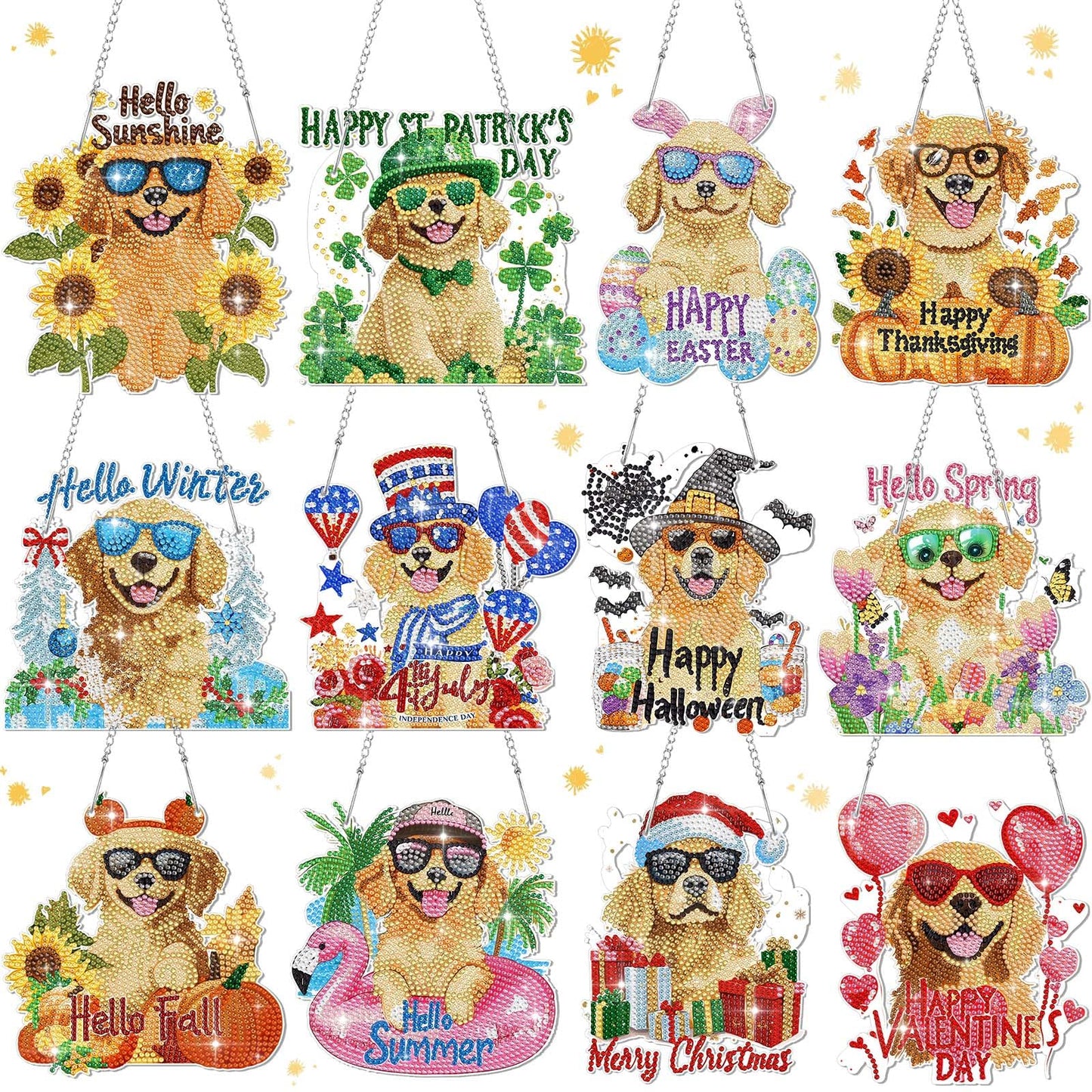 Cinnvoice 12 Pcs Seasonal Diamond Art Wreath Kits Holiday 5d DIY Diamond Painting Signs Germ Hanging Art Ornaments for Wall Door Decorations (Dog)