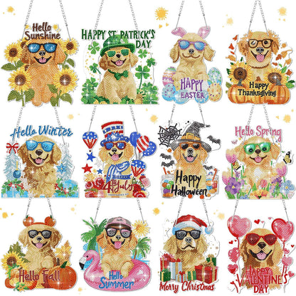 Cinnvoice 12 Pcs Seasonal Diamond Art Wreath Kits Holiday 5d DIY Diamond Painting Signs Germ Hanging Art Ornaments for Wall Door Decorations (Dog)
