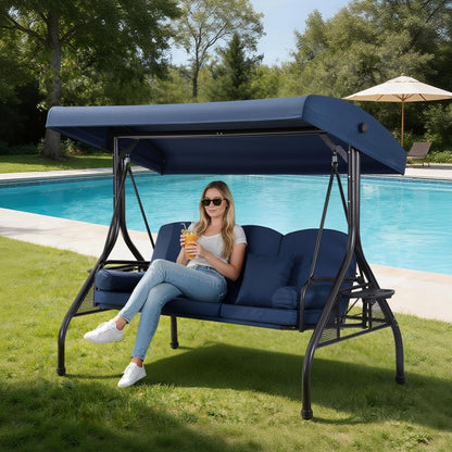 WINVO 3-Seat Outdoor Porch Swing with Adjustable Canopy, 2 in 1 Convertible Patio Swing Bed, Patio Glider Swing for Adult, with Cup Holder and Pillow for Backyard, Blue