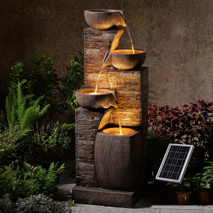Pivotify 38.2" Tall Solar Powered Water Fountain for Outdoor,4 Tiers Modern Cascading Bowls and Stacked Stones Solar Fountains with LED Lights for Garden, Patio, Deck, Backyard and Home Art Decor
