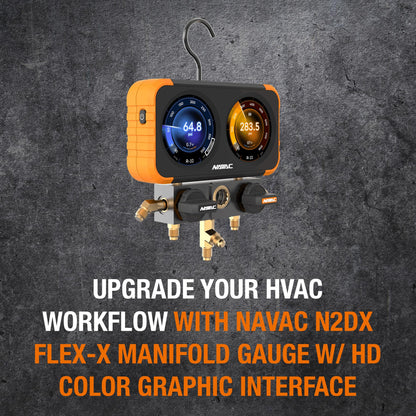 NAVAC N2DX FLEX-X Manifold Gauge Set -HD Color Graphic Interface, Digital Display, A2L Compatible, 72 Refrigerant Support, Rechargeable 100hr Battery, Durable Aluminum Body -Ideal for HVAC Technicians