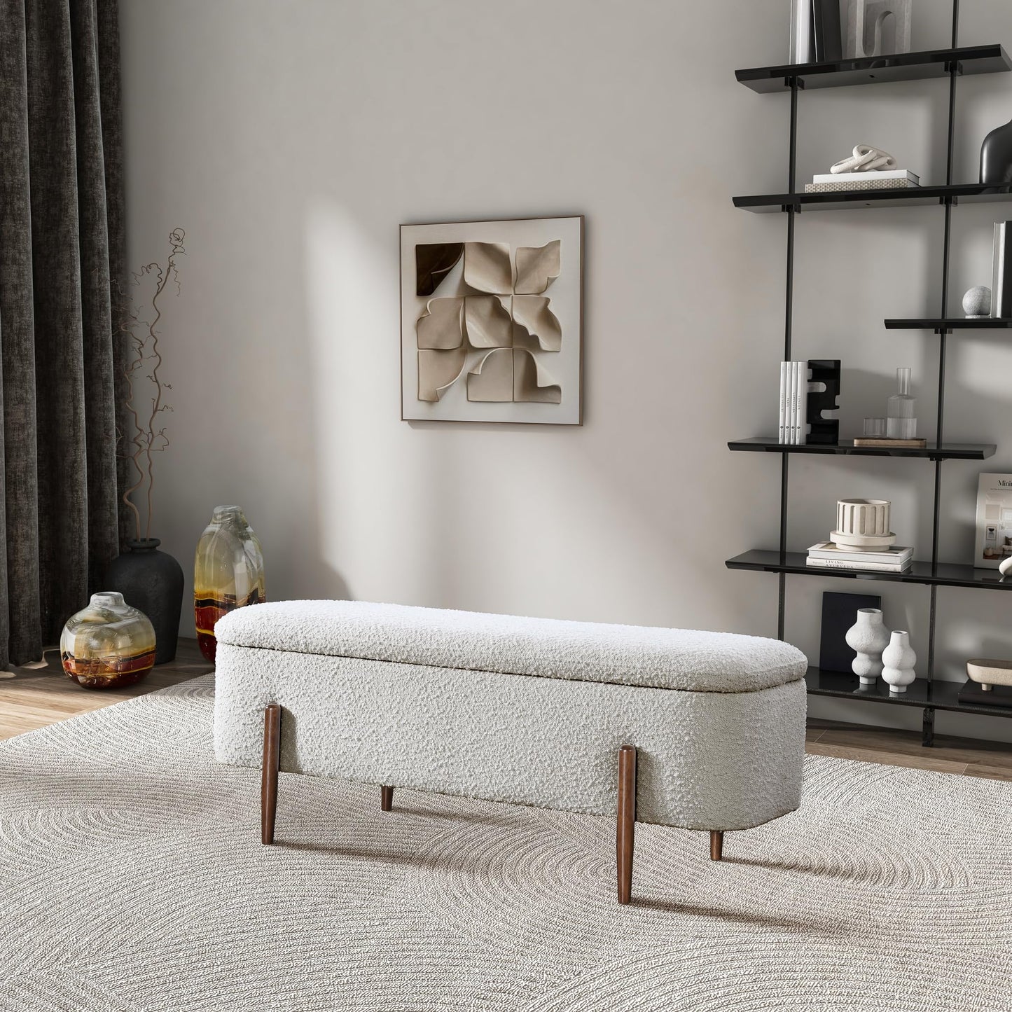 GDFStudio Sarna 48" Mid-Century Modern Storage Ottoman Bench, Lift-Top Curve Rectangle Ottoman Pouf with Solid Wood Legs, Boucle Upholstered Large Footrest, Coffee Table Ottoman for Living Room, Ivory