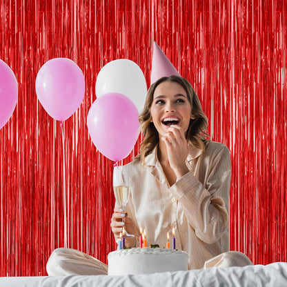 Red Backdrop by Party Essentials - 8 Pack Metallic Foil Fringe Curtains | 3.28 FT x 7.05 FT for Photo Booths & Parties