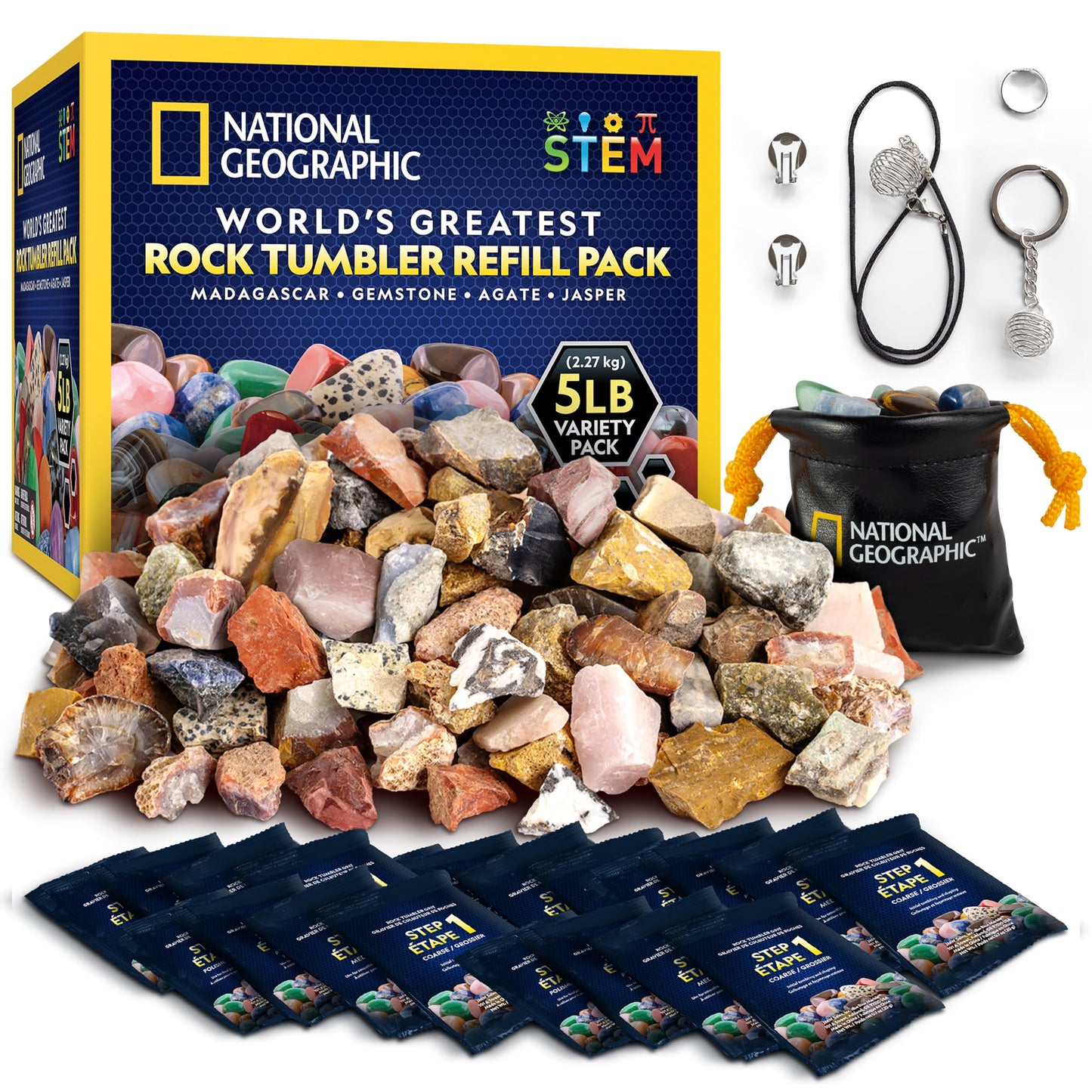 National Geographic Rock Tumbler Refill Kit - 5 lb. Mix of Rocks for Tumbling and Rough Gemstones - Rock Tumbler Supplies Include Rock Tumbler Grit and Polish Refill, and Unpolished Rocks