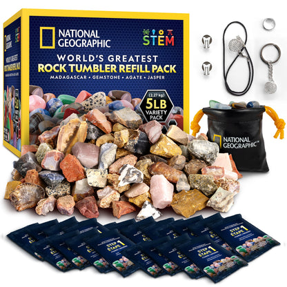 National Geographic Rock Tumbler Refill Kit - 5 lb. Mix of Rocks for Tumbling and Rough Gemstones - Rock Tumbler Supplies Include Rock Tumbler Grit and Polish Refill, and Unpolished Rocks