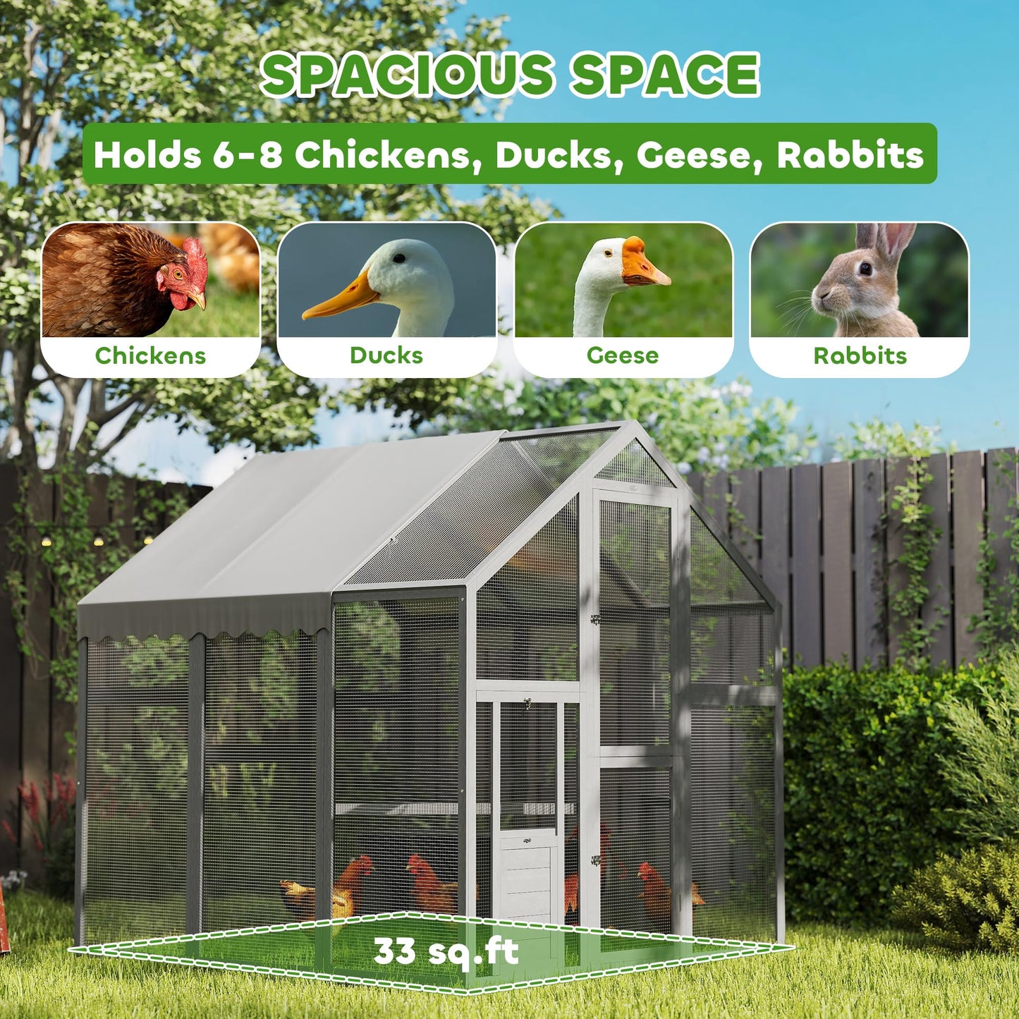 PawHut Large Wooden Chicken Coop for 6-8 Hens, Walk-in Chicken Run with Waterproof Cover, Nesting Boxes and Perches, Outdoor Poultry Cage Rabbit Hutch for Backyard, 66" x 72" x 72", Gray