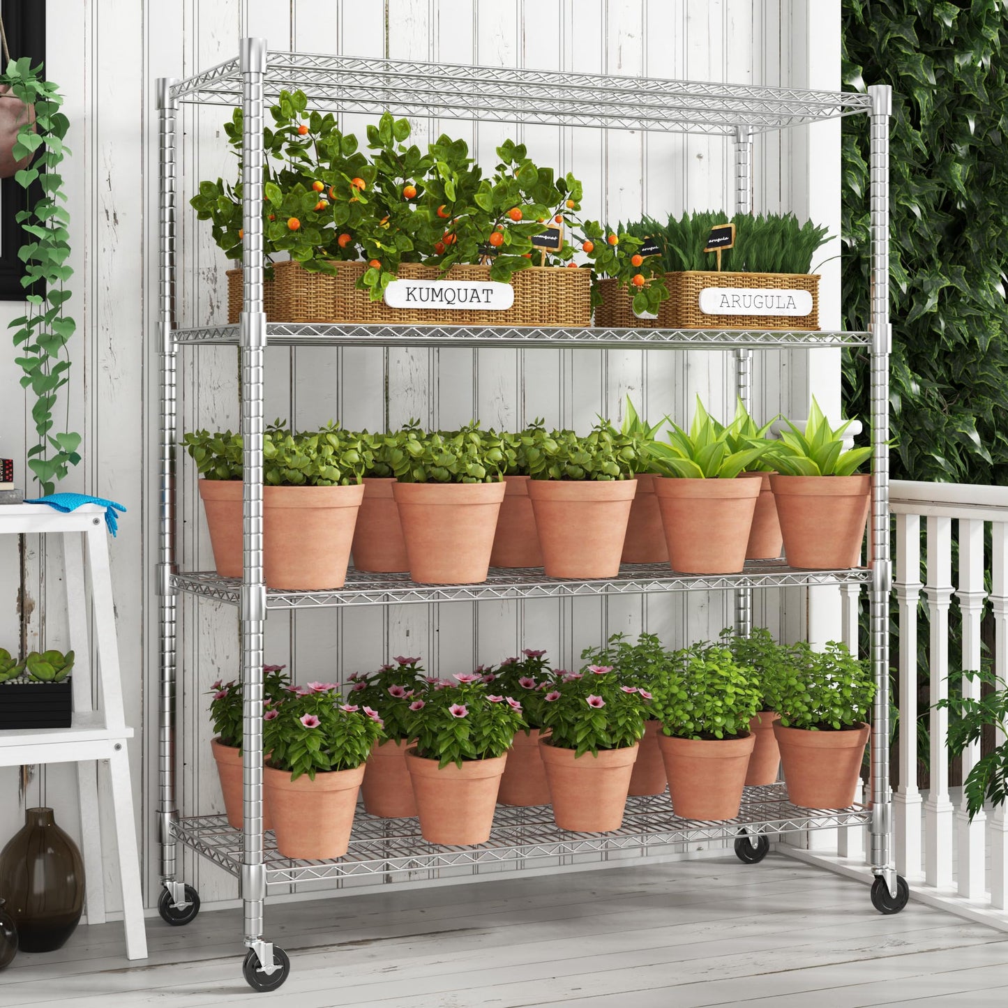 Homdox 4-Tier Heavy Duty Metal Shelves with Wheels - 2400LBS Commercial Adjustable Shelves for Garage, Pantry, Kitchen - 24"x60"x72", Chrome