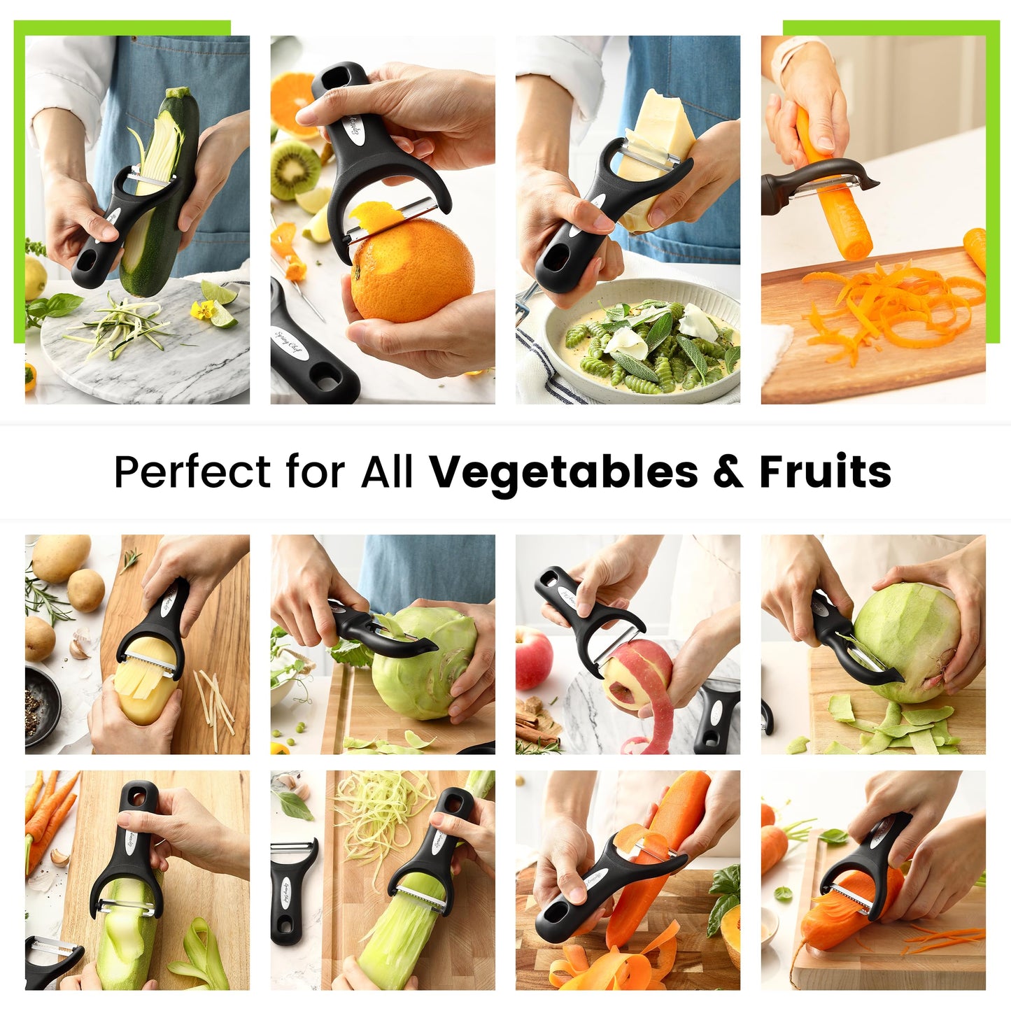 Spring Chef Vegetable Peelers for Kitchen - Stainless Steel Swivel, Y & Julienne Peelers, Potato Peelers with Soft Grip Handles, Kitchen Utensils Set of 3 for Fruits, Veggies, Apples, Carrots