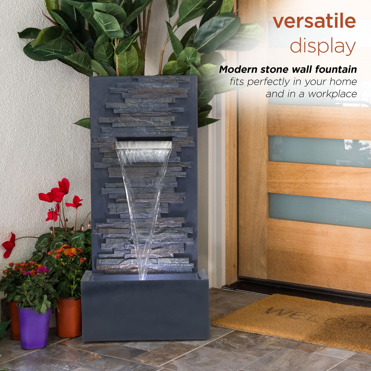 Alpine Corporation 32" Cascading Stone Wall Fountain with LED Lights – Outdoor Water Feature for Garden, Patio, Backyard & Home Decor, Gray