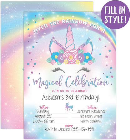 Your Main Event Prints Unicorn Birthday Invitation - Rainbow Party Invite - 20 Fill-In Style (Envelopes Not Included)