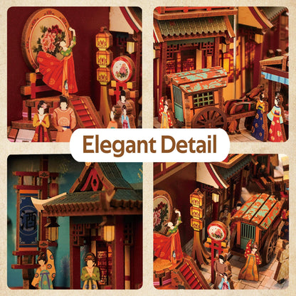 Tonecheer DIY Book Nook Kit for Adults, 3D Wooden Puzzle Bookend Bookshelf Insert Decor, Chinese Booknook Miniature House Kit with Body Motion Sensor LED Light (The Banquet of Tang Dynasty)