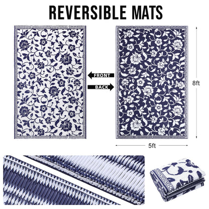 OLANLY Waterproof Outdoor Rug 5x8 ft, Outdoor Plastic Straw Rug with Flower Pattern, Reversible RV Mat for Patio, Camping, Balcony, Deck, Backyard, Navy & White