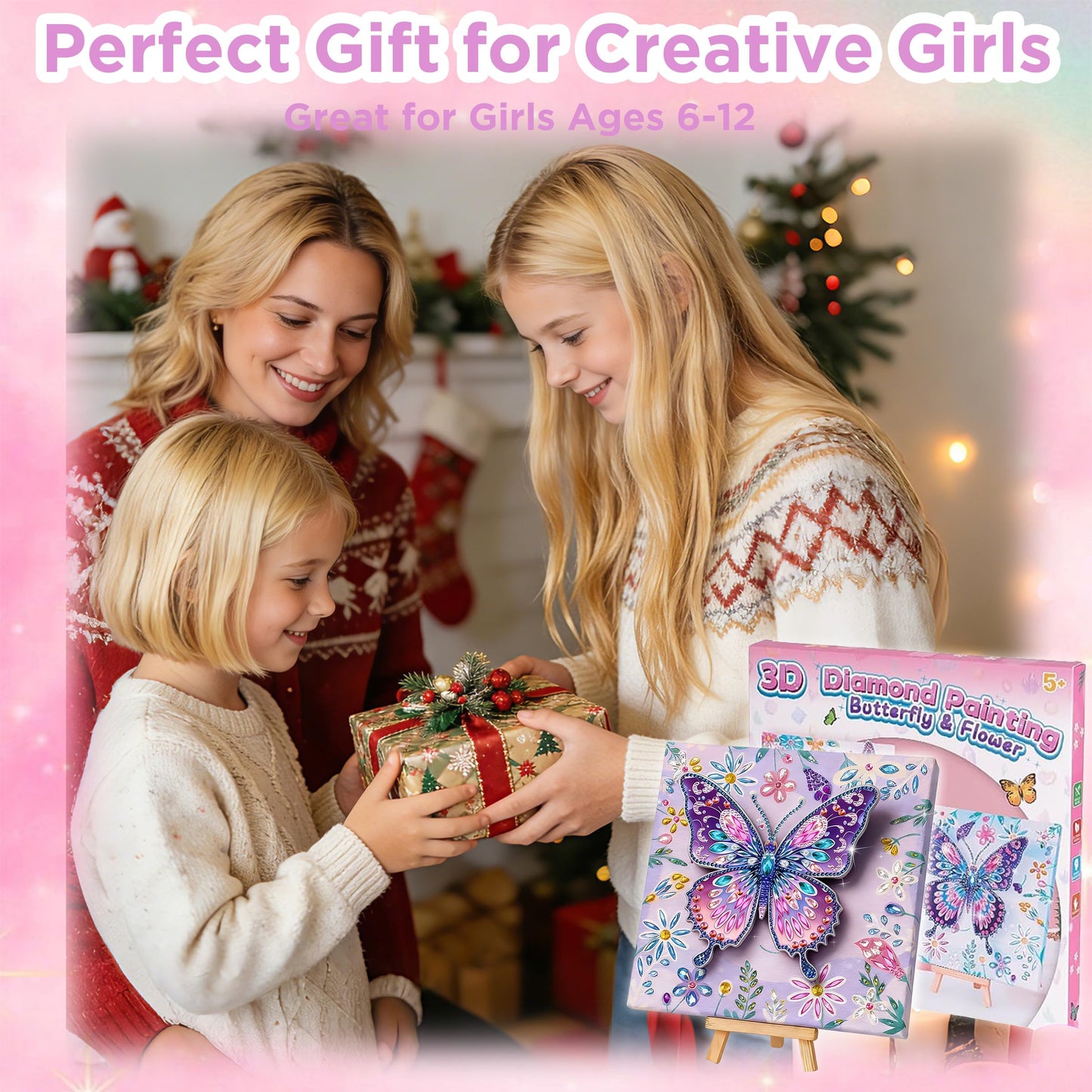 ZEHYRNE Arts and Crafts for Kids, Sparkling 3D Butterfly Diamond Art Kits for Girls 8-12 6-8, DIY Gem Art as Children's Day & Birthday Gift丨Bedroom Decoration with Wooden Stand (Purple)