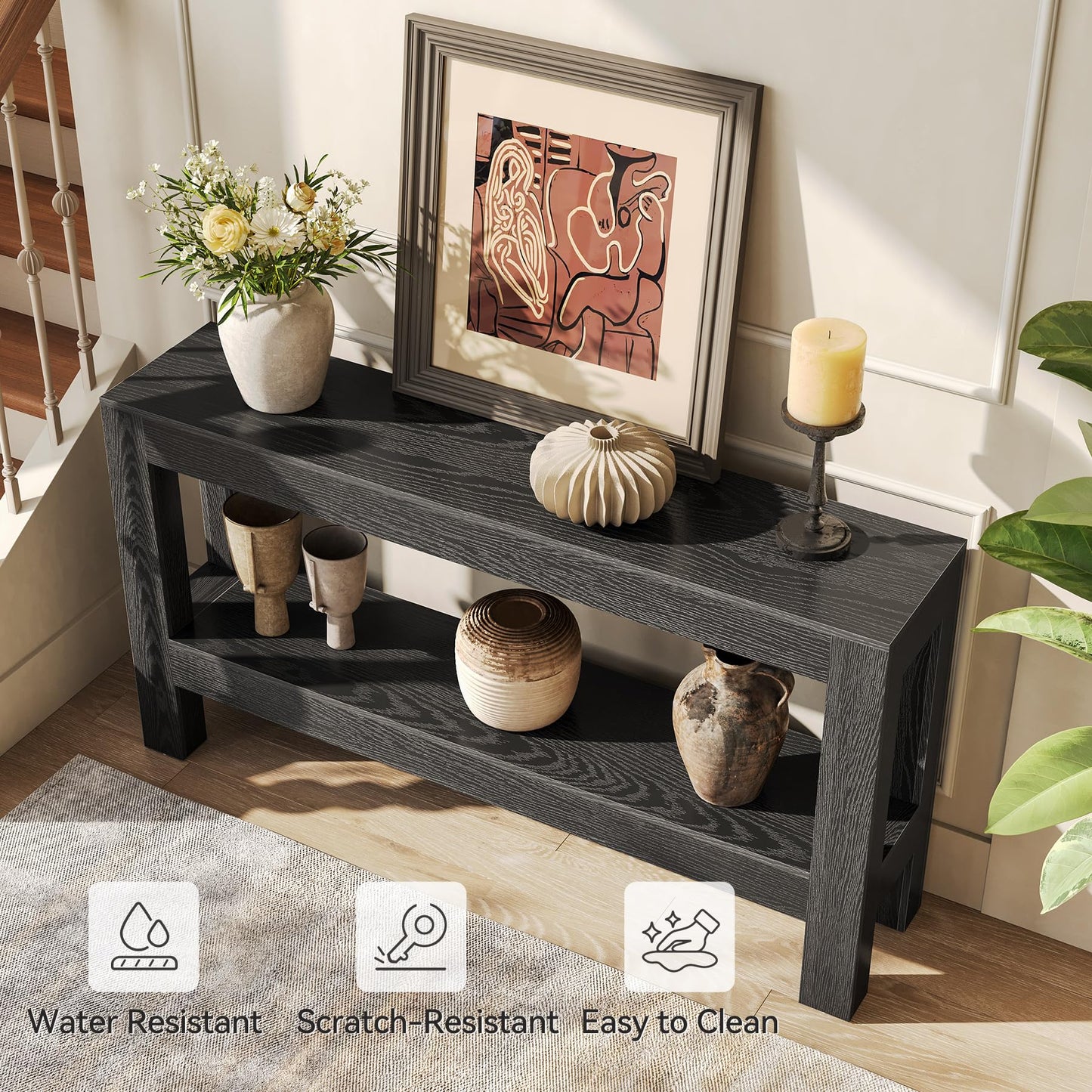 LITTLE TREE 63-Inch Black Console Table for Entryway, Narrow Long Wooden Entry Table for Living Room, Hallway, Sofa, Entrance, Foyer, Behind Couch with 2-Tier Storage Shelves