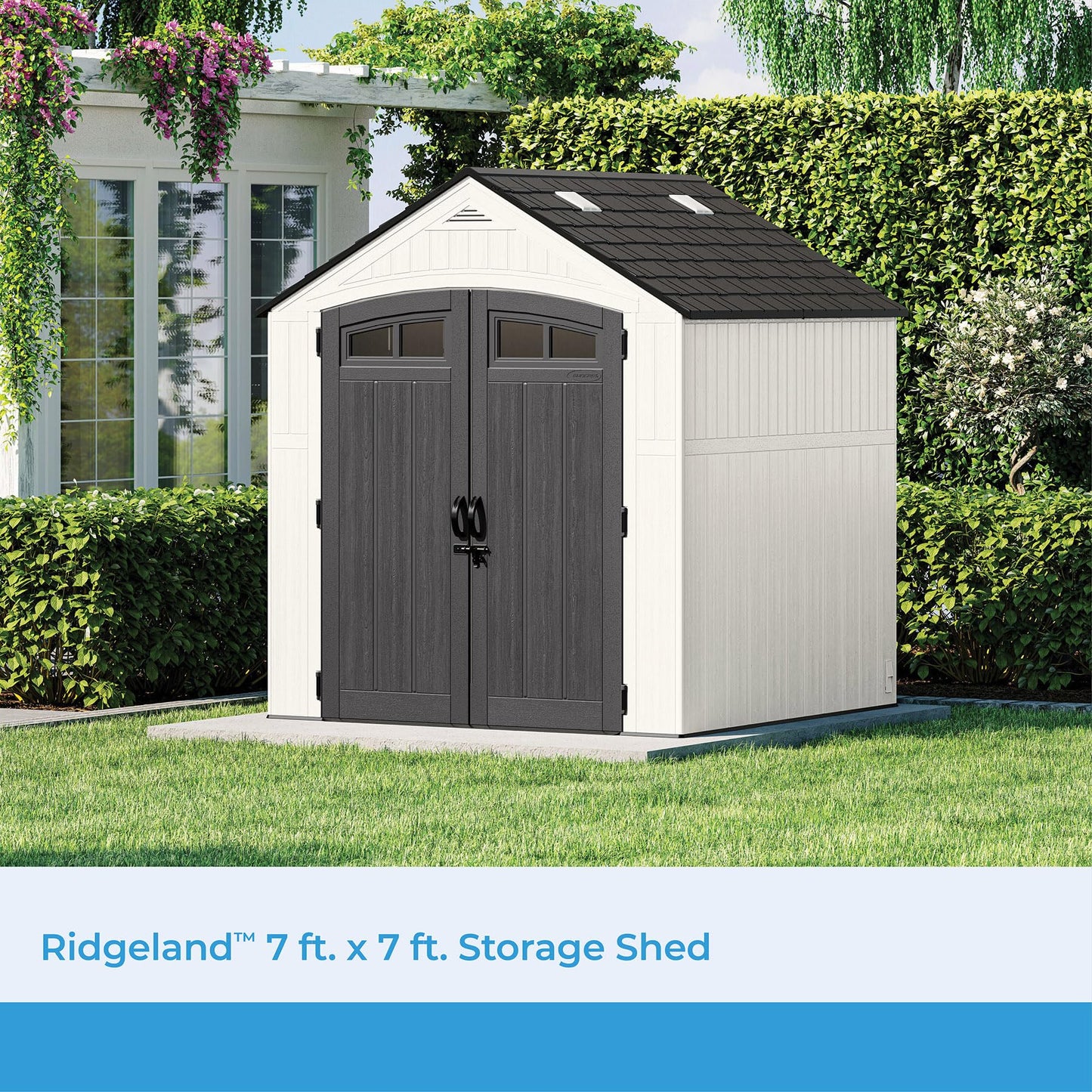 Suncast Ridgeland All-Weather Outdoor 7' x 7' Storage Shed with 327 cu. ft. Capacity, 2 Lockable Double Doors, Windows, Skylights, and Reinforced Resin Floor, Made in The USA