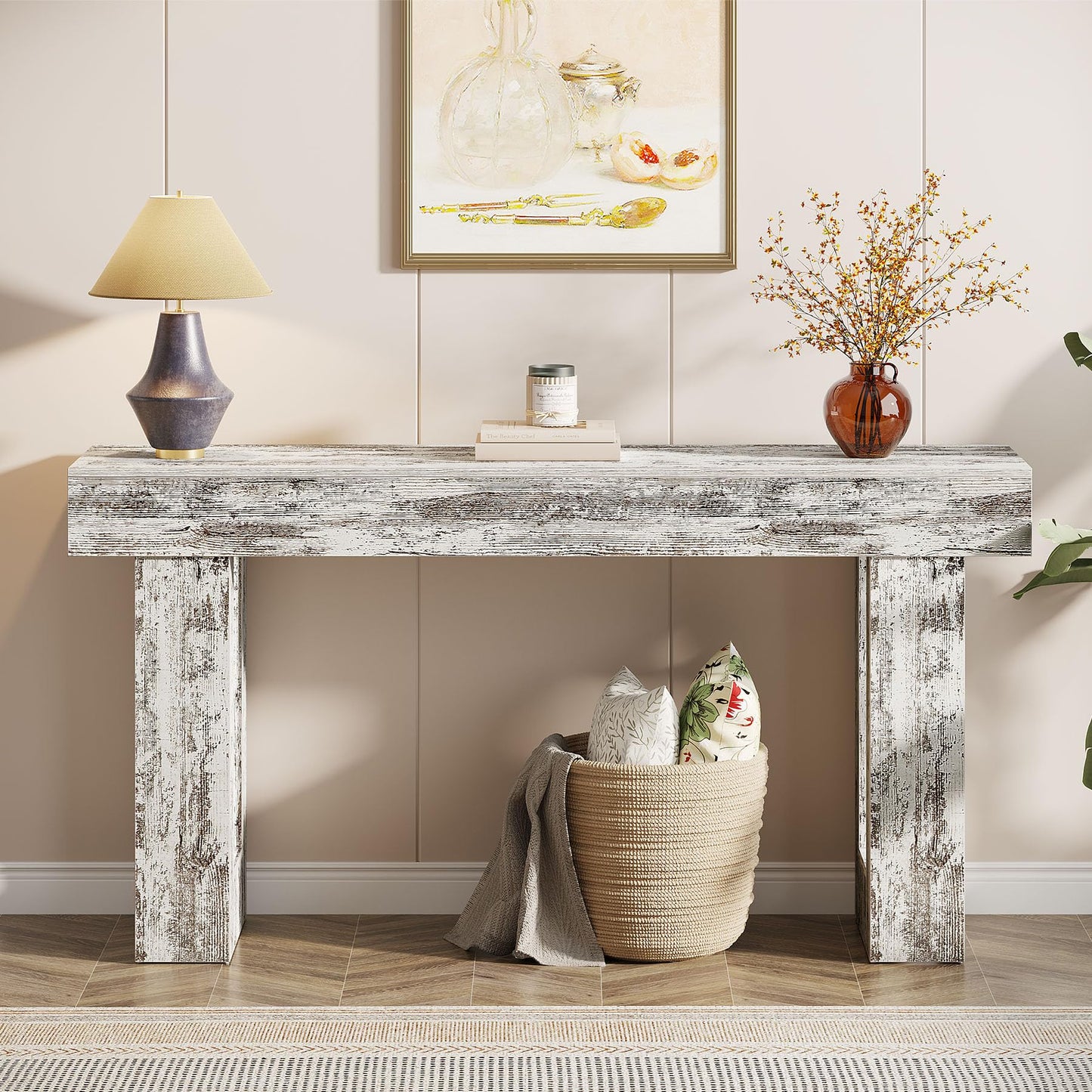 Tribesigns 63-Inch Long Console Table, Wooden Rectangular Sofa Table Behind The Couch, Farmhouse Entryway Table for Entrance, Hallway, Living Room (Distressed White)