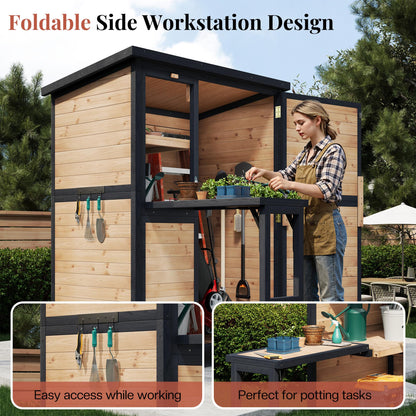Jocisland Solid Fir Wood Outdoor Storage Shed,Garden Tool Shed with Foldable Workbench, Adjustable Shelves,Sloping Roof,Weatherproof Utility Cabinet for Backyard,Patio&Lawn, Poolside,2.05x3.8x5.25 FT