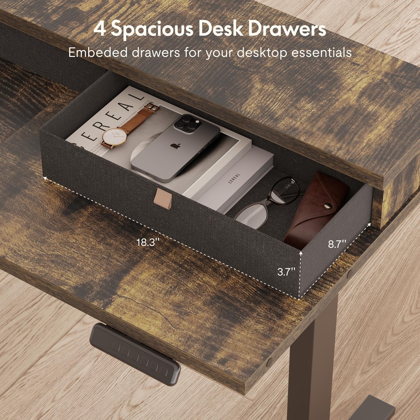 FLEXISPOT 63" L Shaped Standing Desk Electric Corner Table with Shelf, 4 Storage Drawers, Adjustable Computer Workstation for Home, Office, Game, Studio, Rustic Brown Top + Black Frame