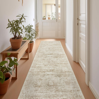Restydon Rug Runners for Hallways Non Slip - 2x8 Runner Rug for Bedroom, Washable Runner with Rubber Backing, Soft Low-Pile Carpet for Kitchen, Laundry, Bathroom (2'x8', Beige/Ivory)