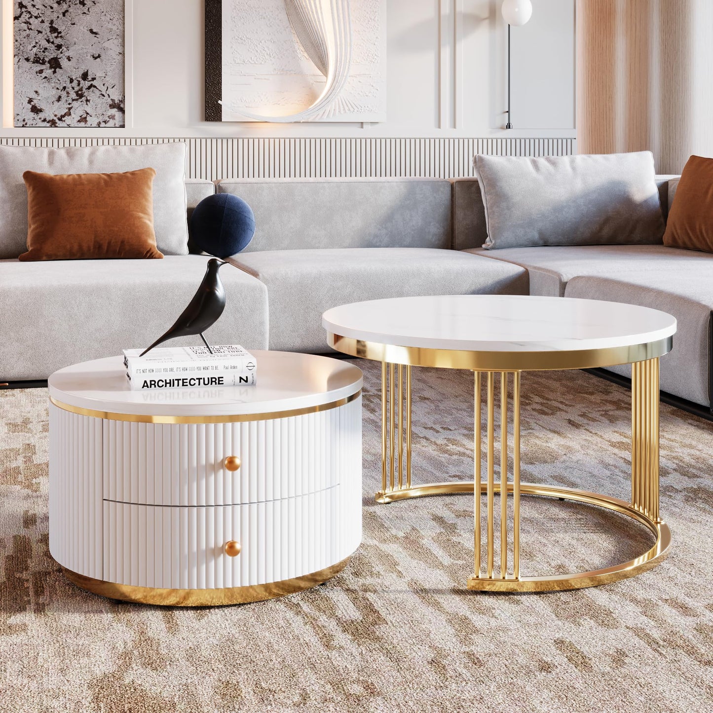 Merax 27.6'' Round Nesting Coffee Table, Modern with 2 Large Drawers Storage, Gold Finish End Tables for Living Room Apartment, Gold+White