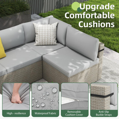 PATIOPIA 7-Piece Outdoor Sectional Sofa Set, Weather-Resistant Patio Furniture Set with Washable Cushions and Coffee Table, Grey Rattan Patio Conversation Set for Poolside, Backyard, Deck (Grey)