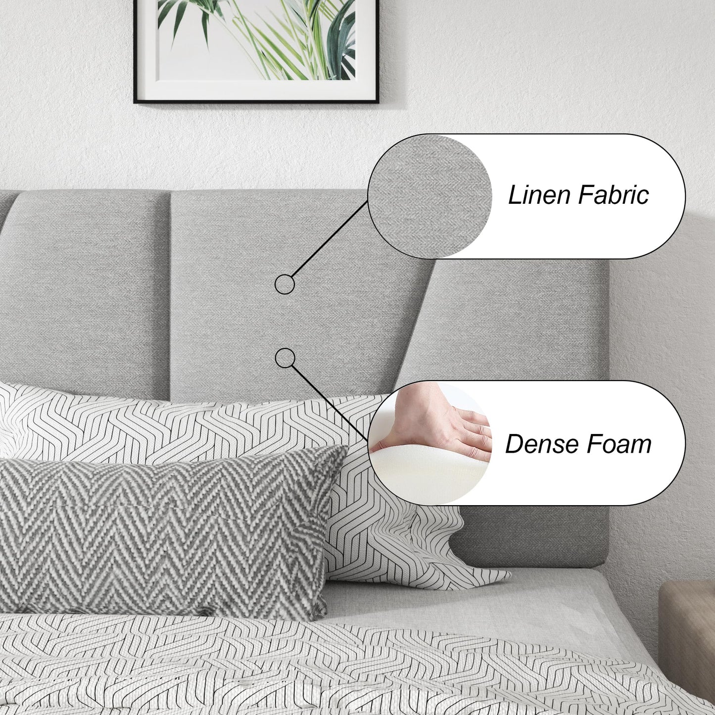 CXVX King Size Platform Bed Frame with Geometric Upholstered Headboard, Noise Free, Wooden Slats Support, No Box Spring Needed, Easy Assembly, Light Grey, Linen