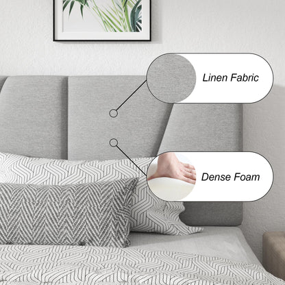 CXVX King Size Platform Bed Frame with Geometric Upholstered Headboard, Noise Free, Wooden Slats Support, No Box Spring Needed, Easy Assembly, Light Grey, Linen
