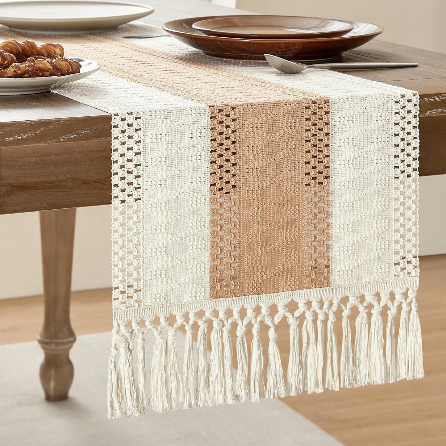 14 108 Inch 108 Inches ZeeMart Macrame Style Bicolor Stitching Table Runner, x Beige/Ivory, Boho Light Tan Table