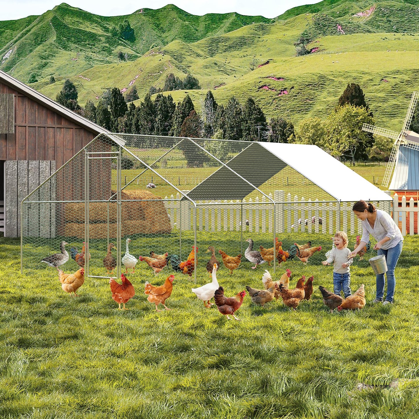 Large Metal Chicken Coop Walk-in Poultry Cage, Chicken Run with Waterproof Anti-UV Cover, Heavy Duty Galvanized Steel Hen House for Outdoor Yard Farm Duck Rabbit (9.8' L x 19.7' W x 6.6' H)