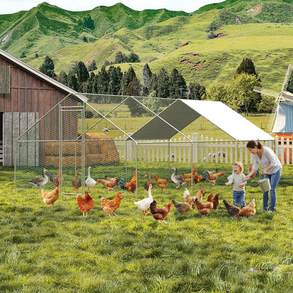 Large Metal Chicken Coop Walk-in Poultry Cage, Chicken Run with Waterproof Anti-UV Cover, Heavy Duty Galvanized Steel Hen House for Outdoor Yard Farm Duck Rabbit (9.8' L x 19.7' W x 6.6' H)