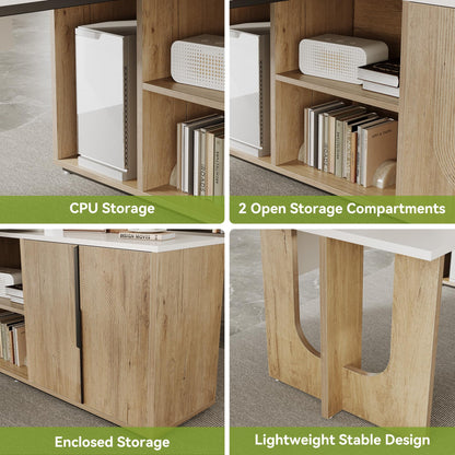 LITTLE TREE 74-Inch Executive L-Shaped Desk with Storage Cabinet & Shelves, Large Home Office Computer Desk, Modern Business Workstation for Professionals (Oak & White)