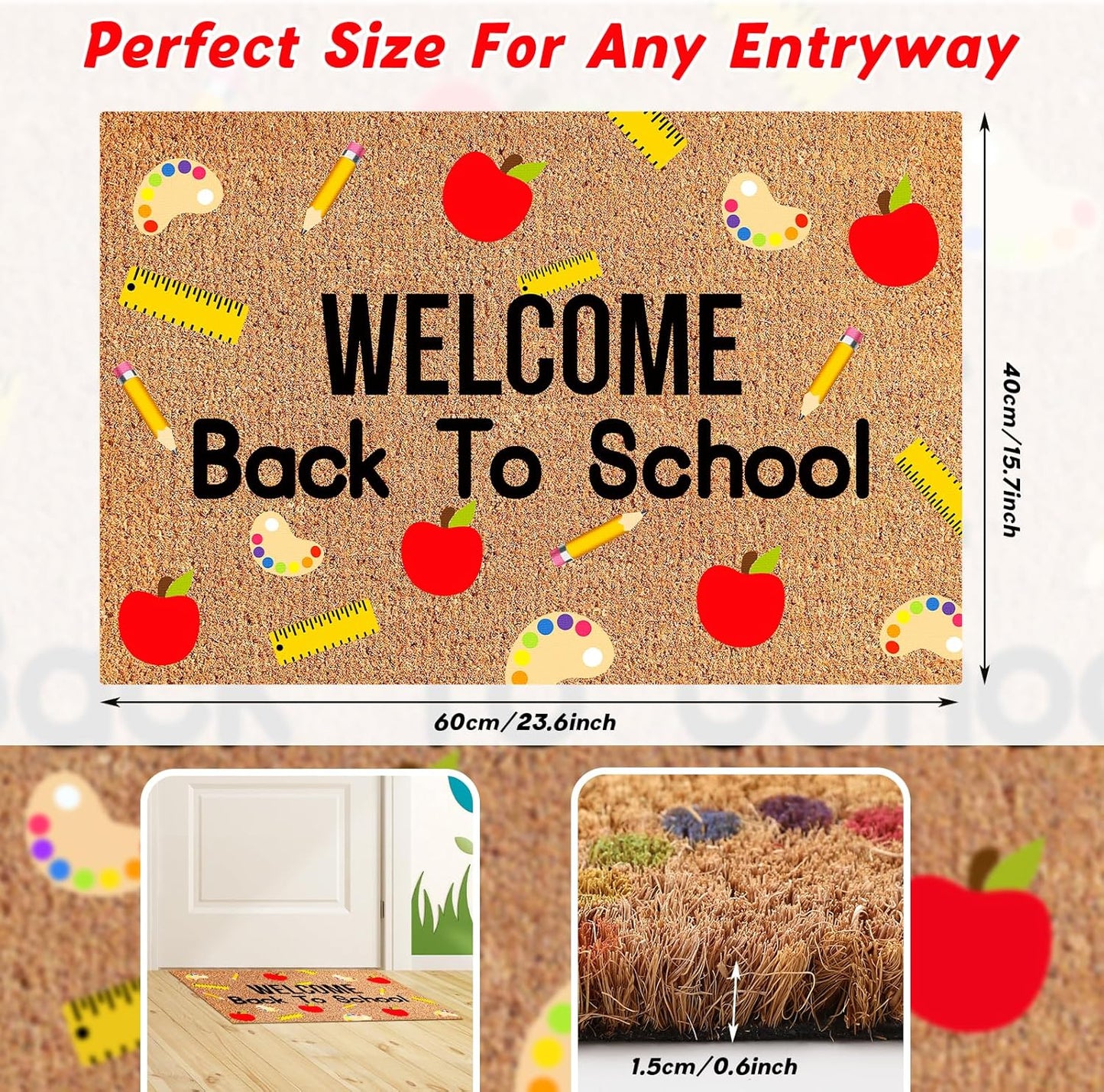 Welcome Back to School Coir Doormat, 16 x 24 Inches Non-Slip Backing Classroom Decor for Indoor Outdoor Entrance