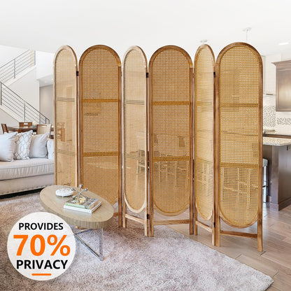 Asnefeli 6 Panels Room Divider, Foldable Wooden Room Divider, Individual Privacy Screen Made of Hand-Woven Rattan, Portable Wall Divider for Home Office Bedroom Bathroom Dressing Room (Natural)
