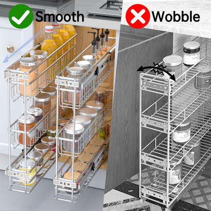 JOWBOOW Narrow Pull Out Cabinet Organizer, 4" Skinny Side Mount Spice Rack for Frameless Cabinets, Heavy Duty 3-Tier Zero Wobble Slide Out Shelf