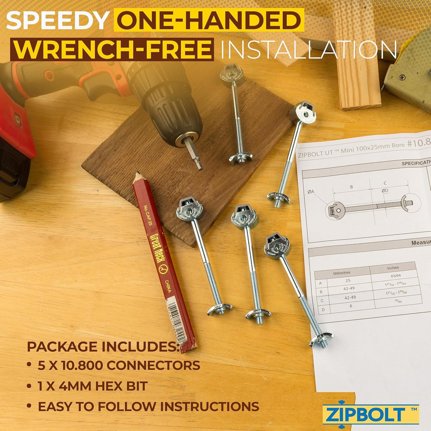 Zipbolt 10.800 Countertop Miter Connector, 5 Piece Joint Fastener Pack with 5mm Hex Bit for Joining Countertops