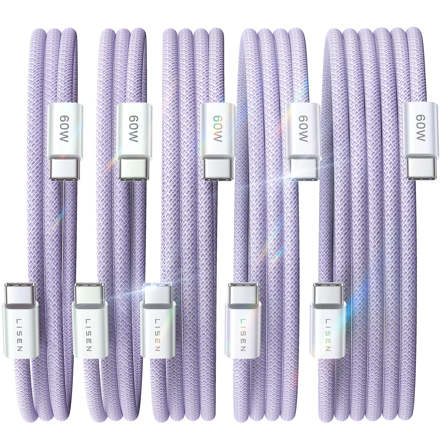 LISEN USB C Cable, 5-Pack [3.3/3.3/6.6/6.6/10FT] for iPhone 17 Charger Cord, 60W USB C to USB C Fast Charging Cable for iPhone 17 Air 16 15 Pro Max, Samsung Z Flip 7/S25/S24, Switch 2, iPad, MacBook