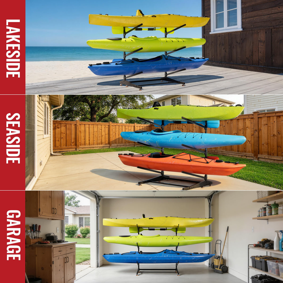 NIMBLERACK 3-Tier Kayak Storage Rack, Heavy Duty Free-Standing Canoe Stand 330lb, 304 Stainless Steel Anti-Snap Molded Joint, Adjustable Vertical Holder for Garage Outdoor Lakeside Seaside(Black)
