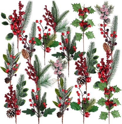 18 MIAHART Pcs Christmas Picks Artificial Pine Branches Red Berry Stems Pine Picks Spray with Pine Cone Apples Holly