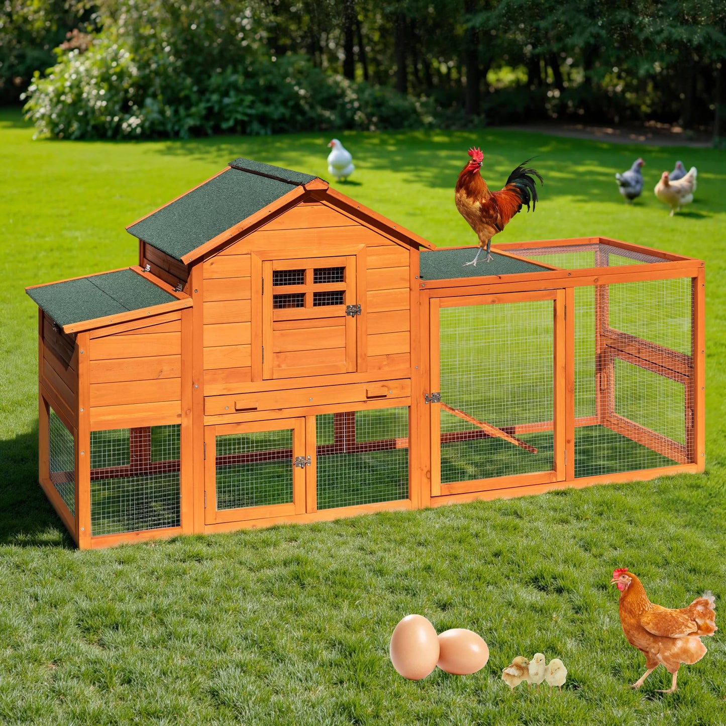 WHEGETED Large Chicken Coop Outdoor Durable Duck House Poultry Pet Hutch & 2 Wood Eggs Run Cage Nesting Box Waterproof Asphalt Roof Ramp Removable Tray Wire Fence for Backyard Small Animal79 Brown