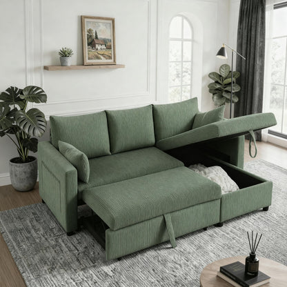 Trygoal Sectional Sleeper Sofa with Pull Out Bed, LShape Convertible Sofa Bed Couch with Storage Chaise, 3 in 1 Pull Out Sofa Bed with 3 Seats, for Living Room,Apartment, Green, 85Inch