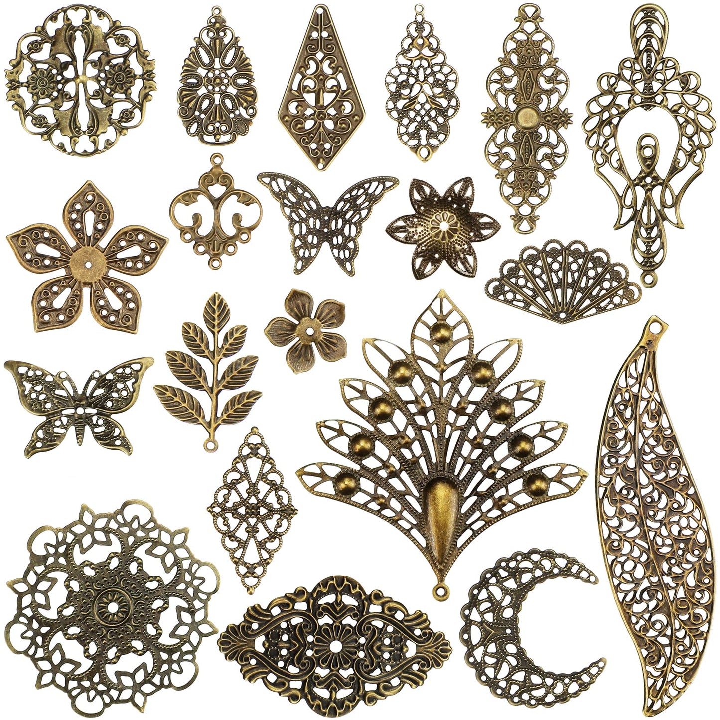 Luinabio 120 Pieces Filigree Connectors Charms Pendants Decoration Tibetan Metal Filigree Findings Embellishments for DIY Hairpin Necklace Earring Jewelry Making(Bronze,Novel Style)