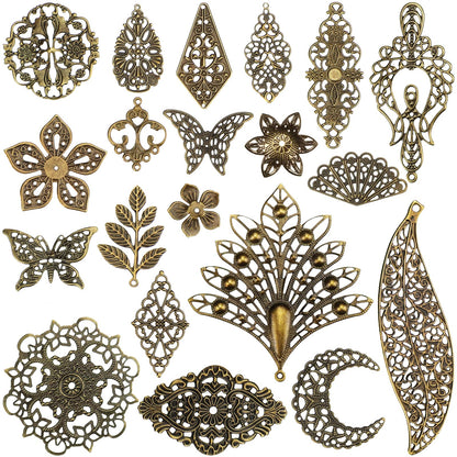 Luinabio 120 Pieces Filigree Connectors Charms Pendants Decoration Tibetan Metal Filigree Findings Embellishments for DIY Hairpin Necklace Earring Jewelry Making(Bronze,Novel Style)