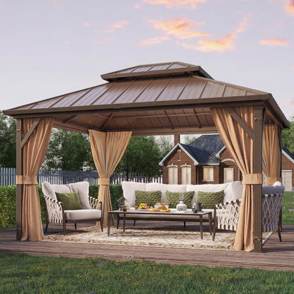 YOLENY 10' x 12' Hardtop Gazebo, Metal Gazebo with Aluminum Frame, Double Galvanized Steel Roof, Curtains and Netting Included, Pergolas for Patios, Garden, Parties, Lawns