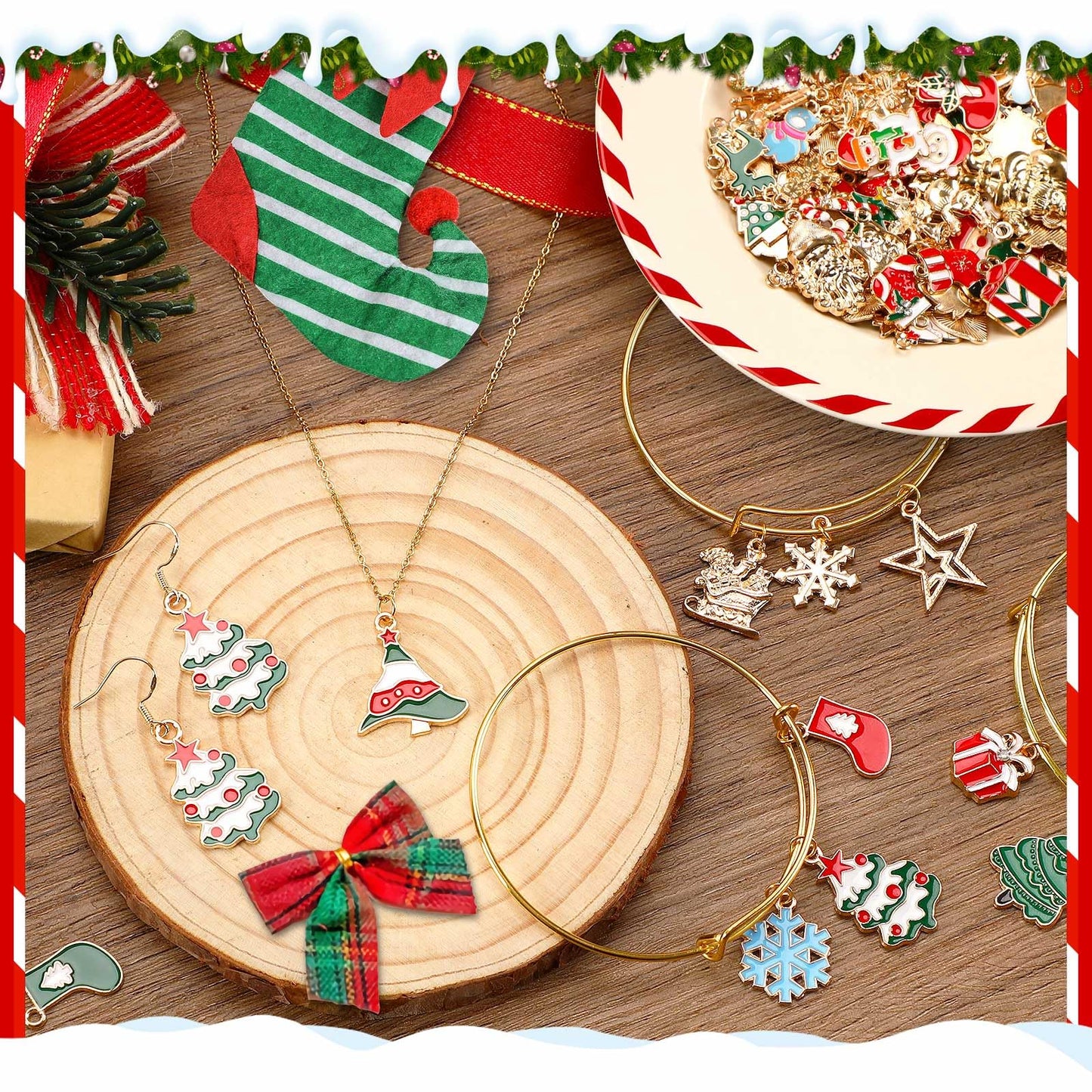 SANNIX 350Pcs Christmas Charms for Jewelry Making, Gold Enamel Charms Christmas Charm Pendants for DIY Crafts Bracelets Necklace Earrings Craft Supplies