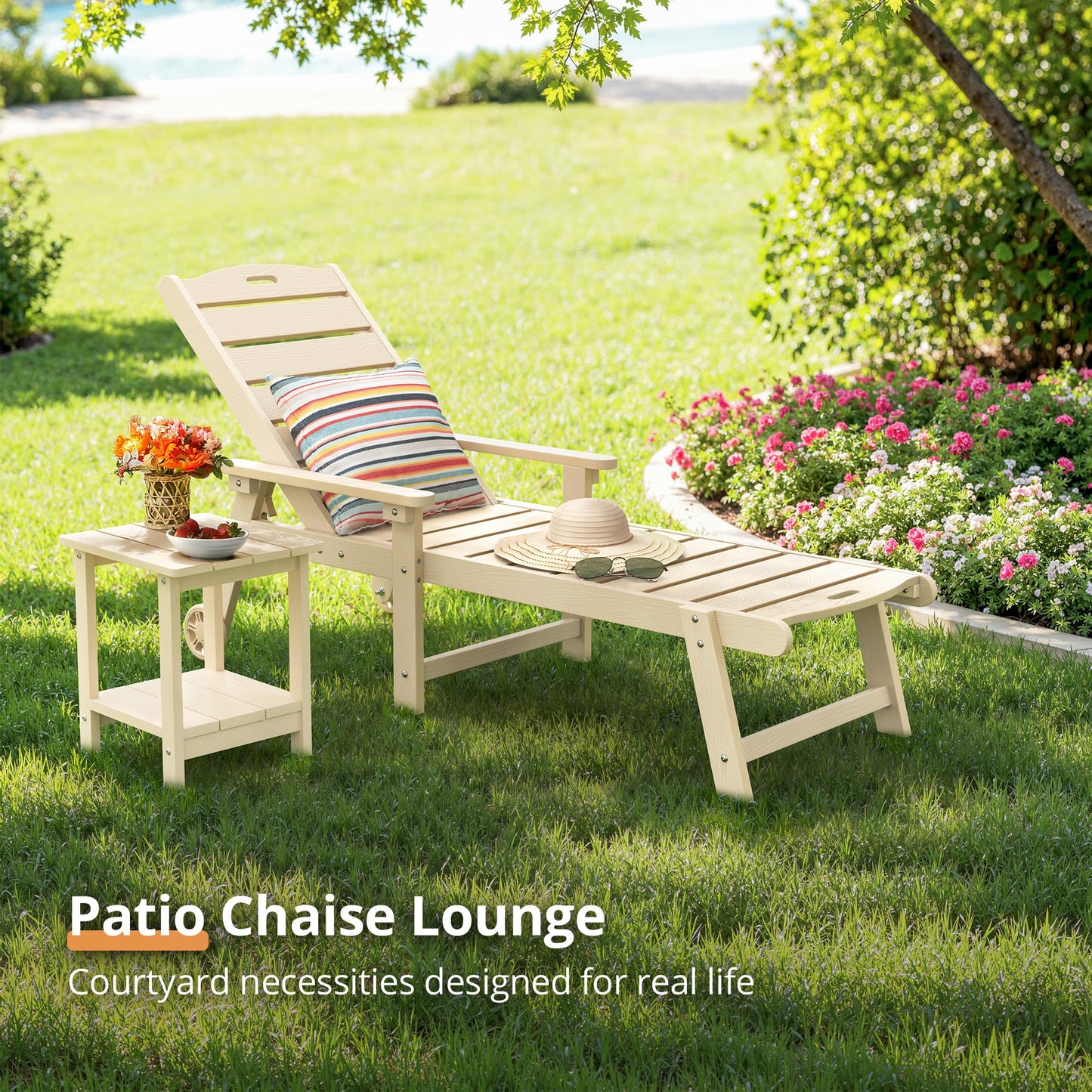 LUE BONA Outdoor Chaise Lounge Chairs Set of 2, HDPS Chaise Lounger, 5 Positions Adjustable Lounge Chairs, Pool Lounge Chair with Wheels for Poolside, Sand