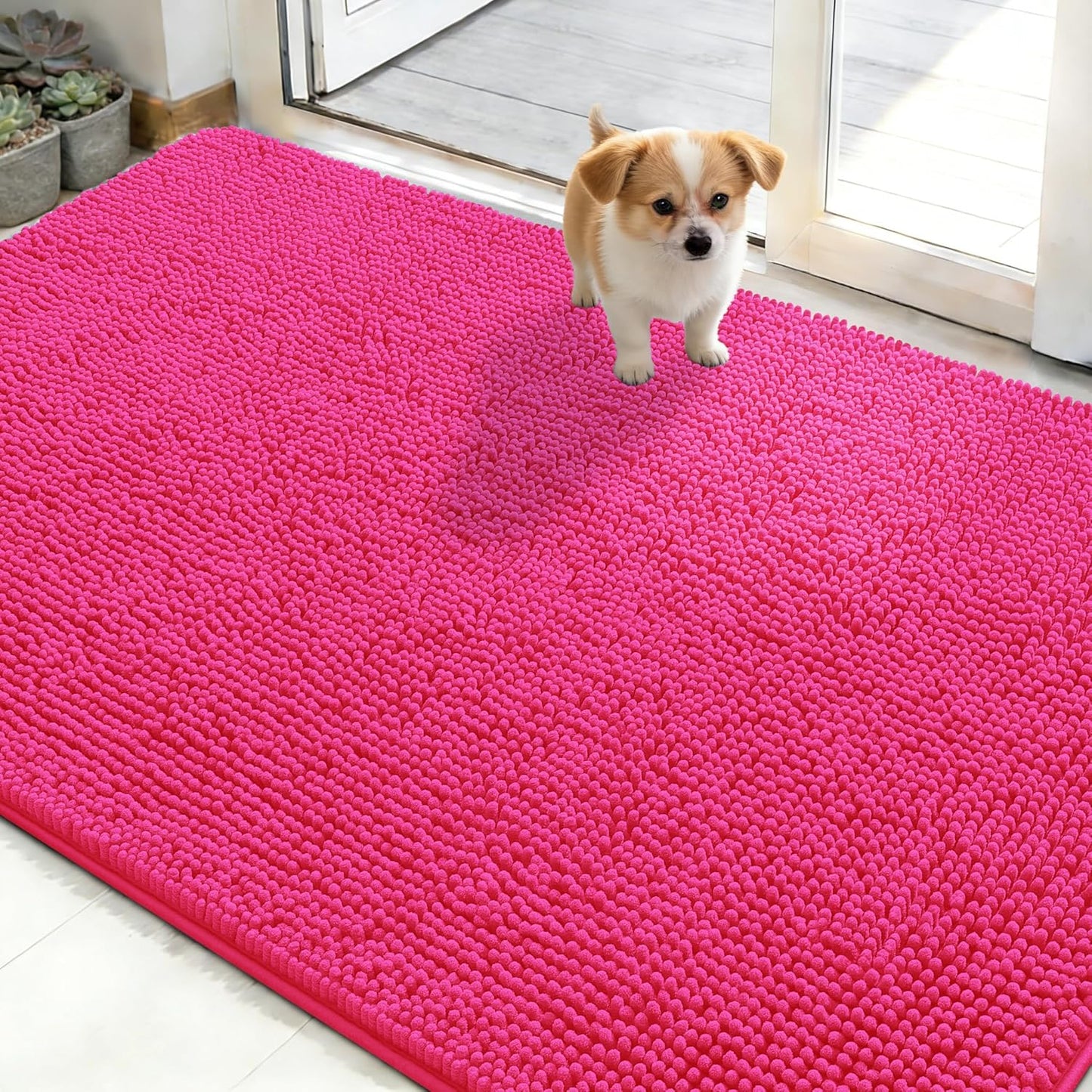 OLANLY Dog Door Mat - Absorbent Non-Slip Chenille Mat for Muddy Paws | 50x30, Quick Dry, Hot Pink