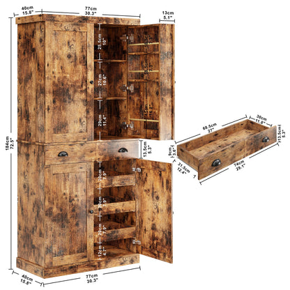 IRONCK Kitchen Pantry Cabinet 72" Height, Freestanding Cupboard with Drawer, Sliding Storage Rack, and 6 Hanging Shelves for Dining Room, Laundry, Living Room, Vintage Brown